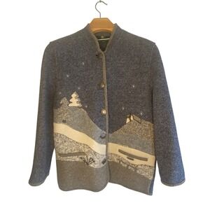 Giesswein Wool Blend Landscape Scene Novelty Jacket Women Blue Gray Button Front